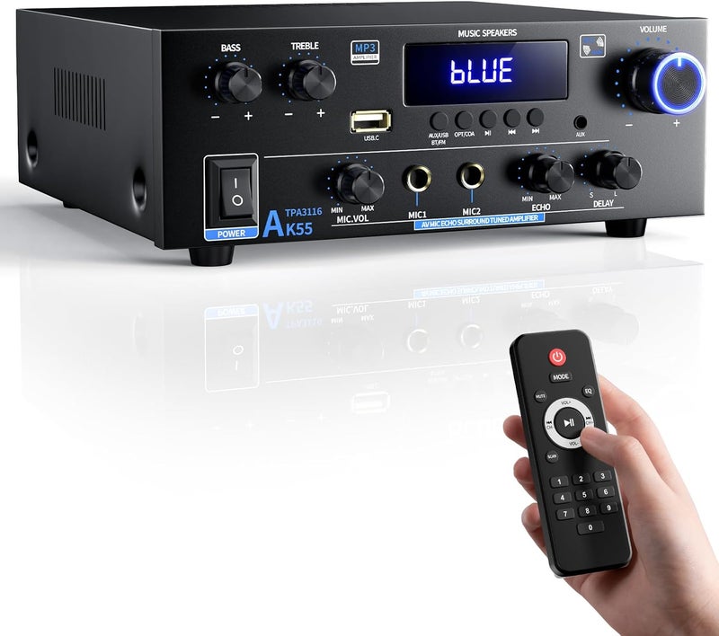 Wtoolfex Stereo Home Audio Amplifier with 5.0 Bluetooth Receiver for Speaker, 300W+300W Bluetooth HiFi Stereo Power AK55 Amplifier 2.0 Channel RMS 40Wx2 Home System Remote Control Amp W/MIC,USB, RCA,FM Radio - Image 1